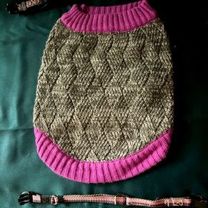 Pink and gray, small to medium dog sweater and 2 collars-great condition